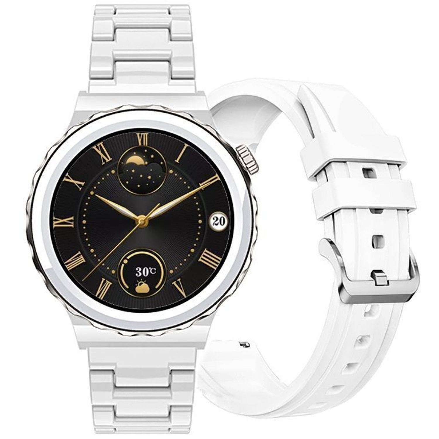 Zegarek damski Smartwatch Rubicon biała ceramiczna bransoleta + pasek RNCE92 z rozmowami. Zegarek damski Smartwatch. Zegarek Rubicon z rozmowami dla kobiety na prezent. Smartwatch damski z bransoletą i paskiem. Smartwatch Rubicon damski (3).jpg